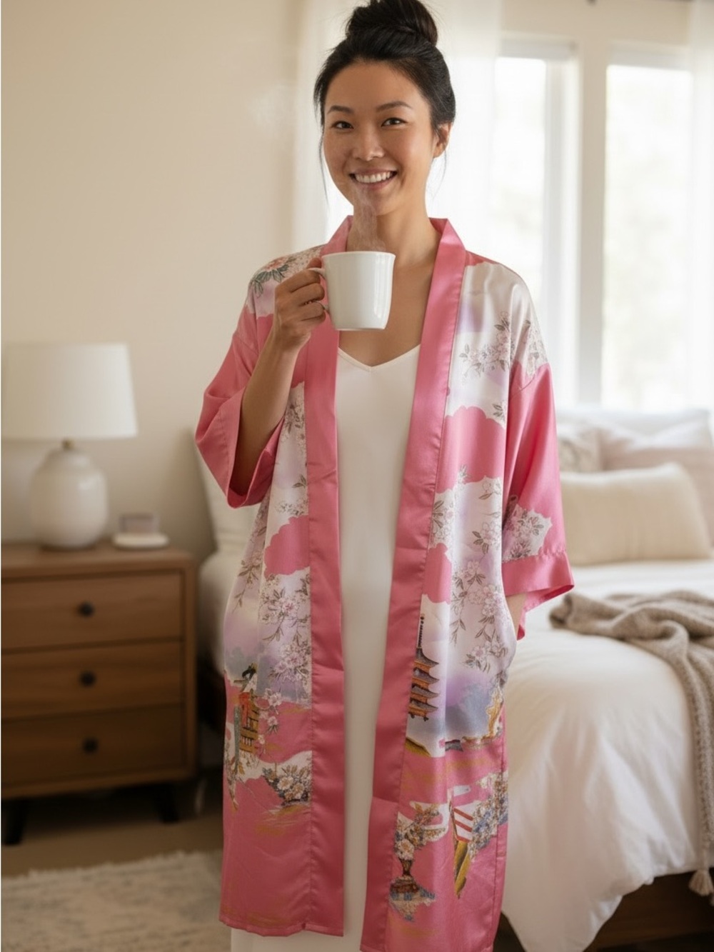 Women's Pink Floral Kimono Robe with Scenic Print 100% Polyester!